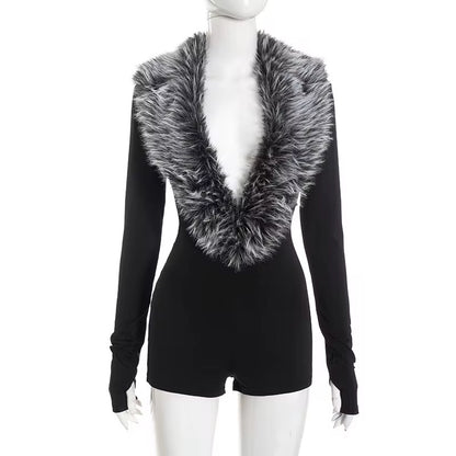 Noir Luxe Fur Romper